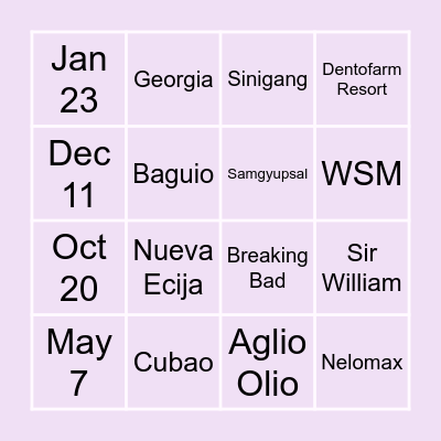 A & E Wedding Bingo Card