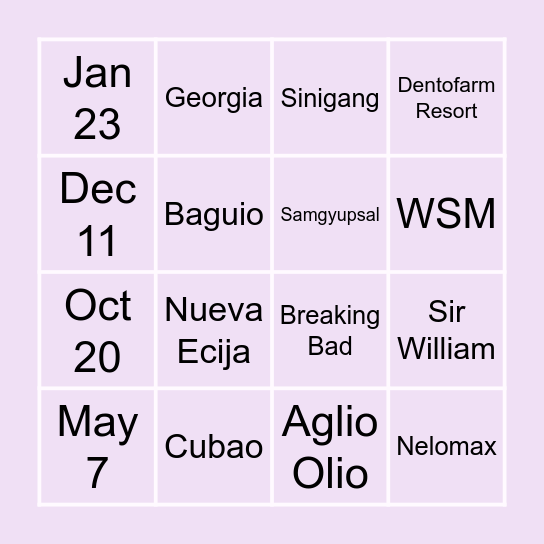 A & E Wedding Bingo Card