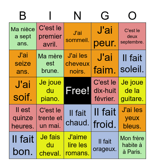 FR 1 Vocabulary Review Bingo Card