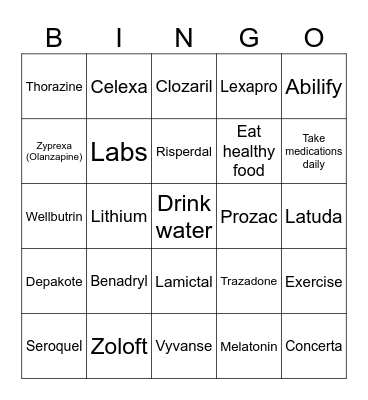 Psychiatric Medication Bingo Card