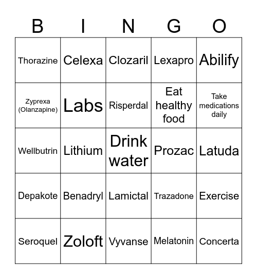 Psychiatric Medication Bingo Card