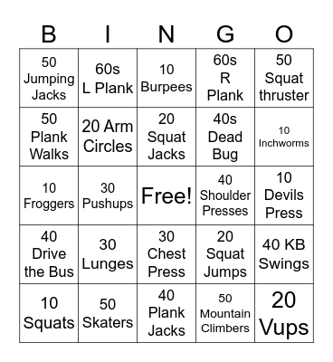 Fitness Bingo Card