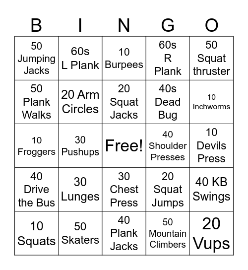 Fitness Bingo Card
