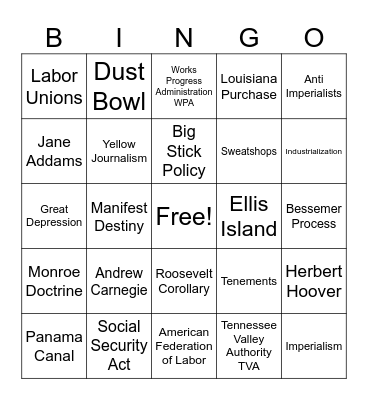 Bingo Review: Industry, Expansion, Depression, New Deal Bingo Card