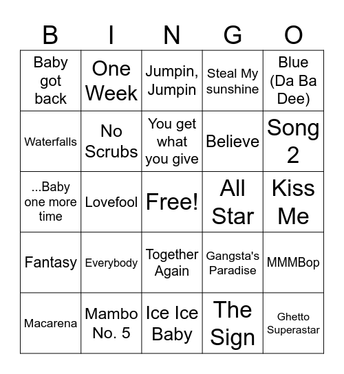 90's Summer music hits Bingo Card