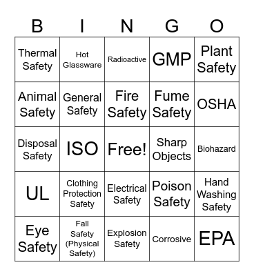 Safety Symbol Bingo Card