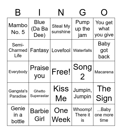 90's Summer music hits Bingo Card