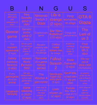 Each square crossed counts as a sip Bingo Card