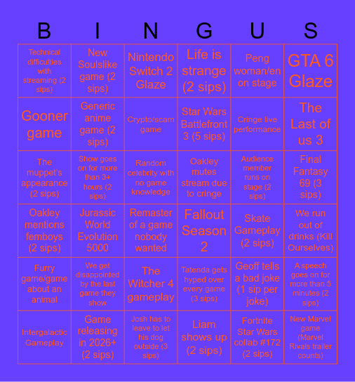 Each square crossed counts as a sip Bingo Card