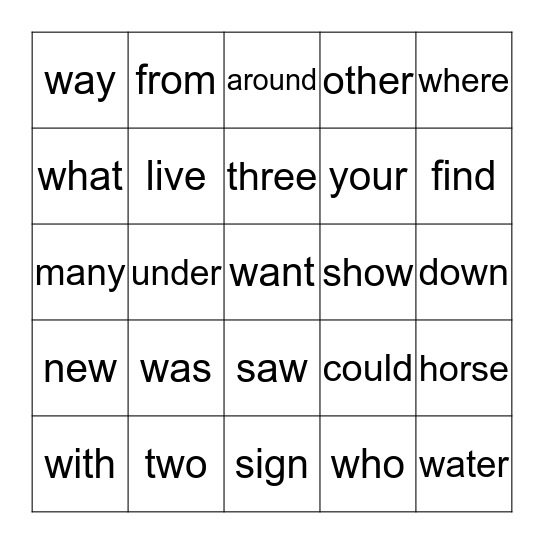 Sight Words Bingo Card