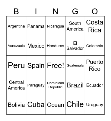 Spanish Countries Bingo Card