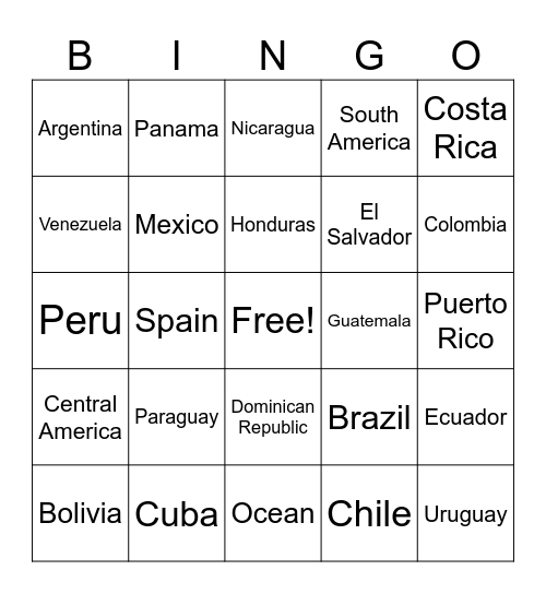 Spanish Countries Bingo Card