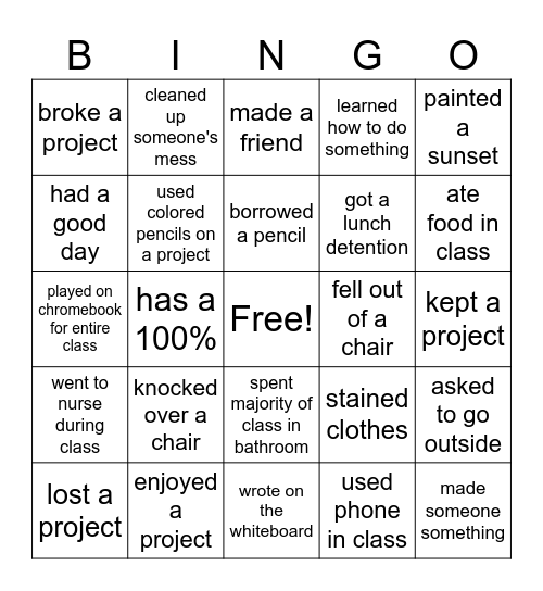 Art Class Bingo Card