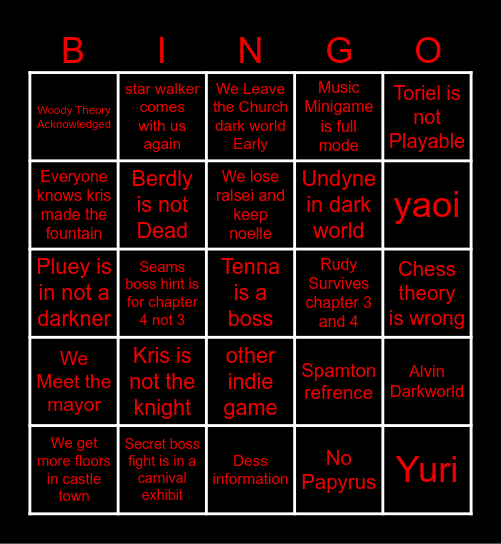 Deltarune Bingo Chapter 3 and 4 Bingo Card