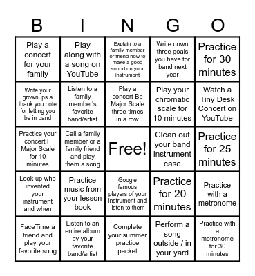 Summer Band Bingo Card