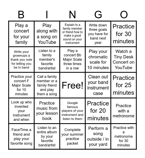 Summer Band Bingo Card