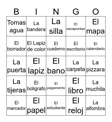 Classroom Objects In Spanish Bingo Card