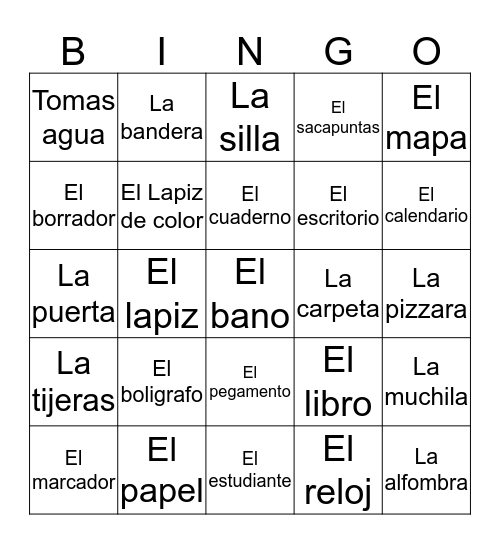 Classroom Objects In Spanish Bingo Card