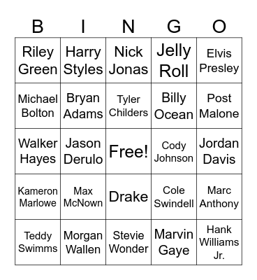 All Time Great Male Artists Bingo Card