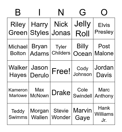 All Time Great Male Artists Bingo Card