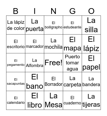Classroom Objects in Spanish Bingo Card