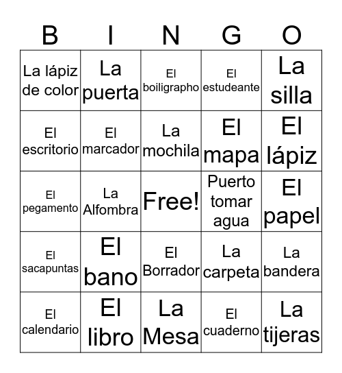 Classroom Objects in Spanish Bingo Card