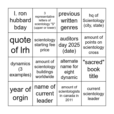 scientology bingo Card