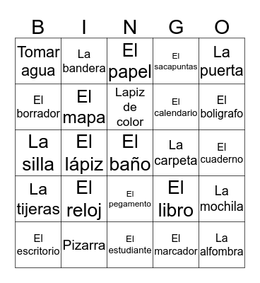 Classroom Objects In Spanish Bingo Card
