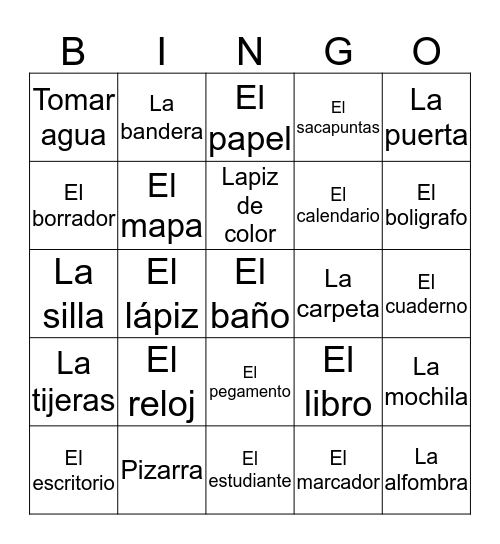 Classroom Objects In Spanish Bingo Card