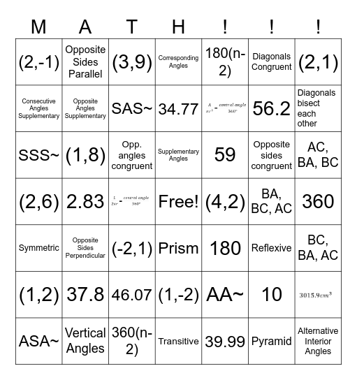 Geometry Final Review Bingo Card