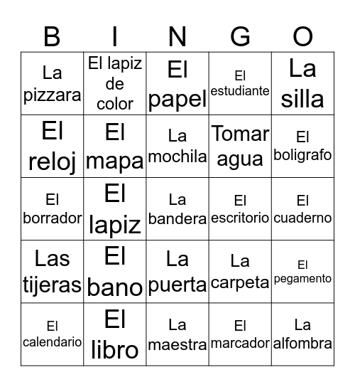 Classroom Objects in Spanish Bingo Card