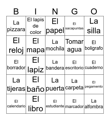 Classroom Objects in Spanish Bingo Card