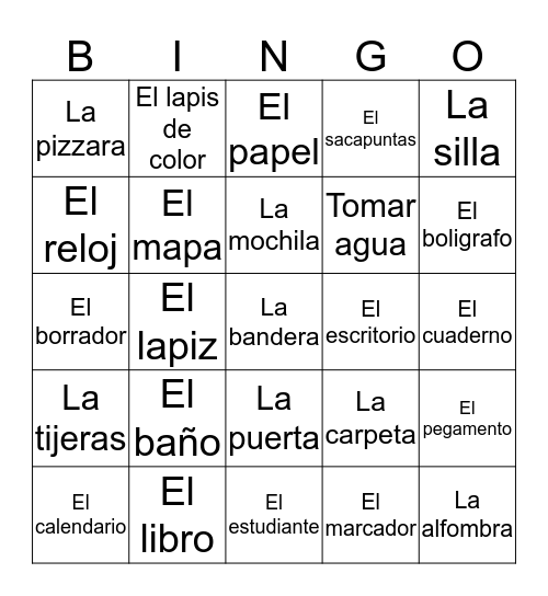 Classroom Objects in Spanish Bingo Card
