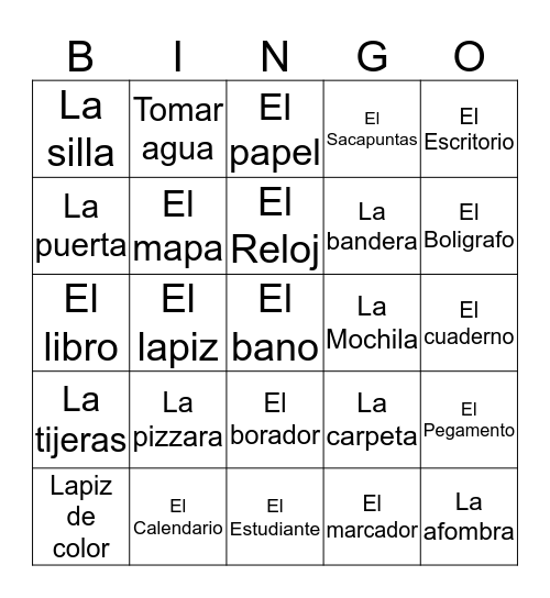 Classroom objects in Spanish  Bingo Card