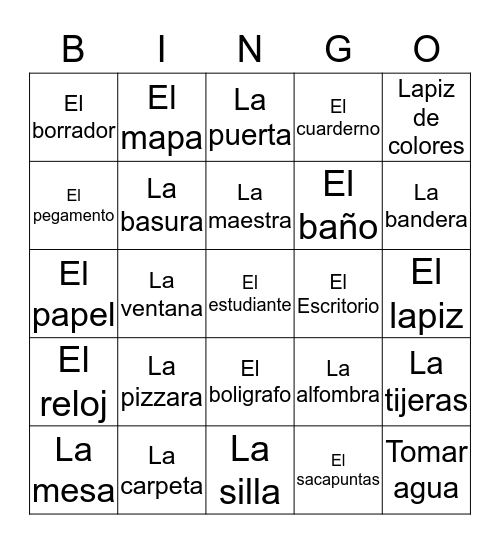 Classroom objects in Spanish  Bingo Card