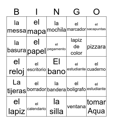 Classroom Objects in Spanish  Bingo Card