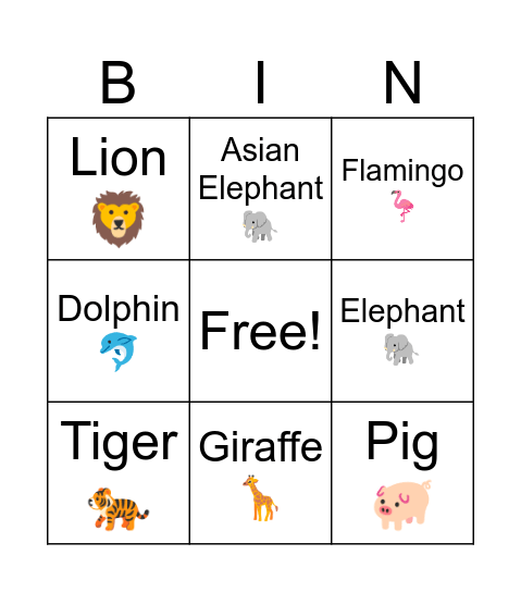Animal Bingo Card