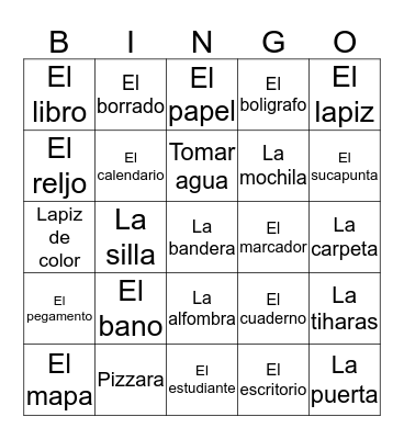 Classroom objects in spanish Bingo Card