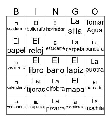 Classroom objects in Spanish Bingo Card