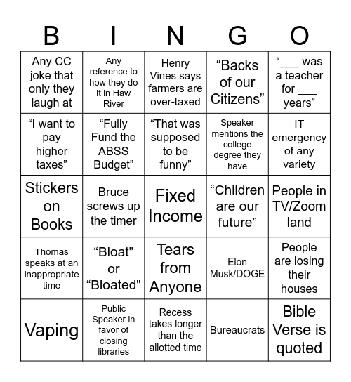 Public Hearing Bingo Card
