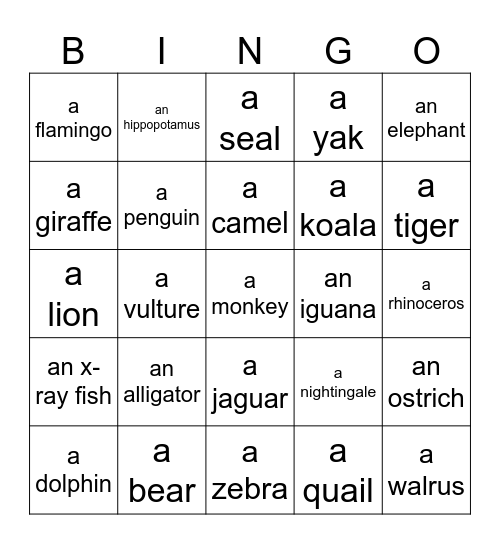 Zoo Animal Alphabet Bingo Card