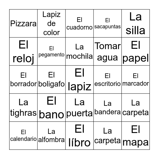 Clasroom Objects  Bingo Card