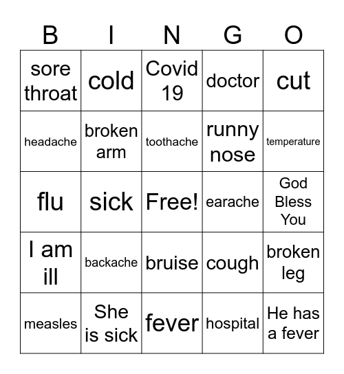 Health Problems  BINGO Card
