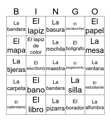 Classroom Objects in Spanish  Bingo Card