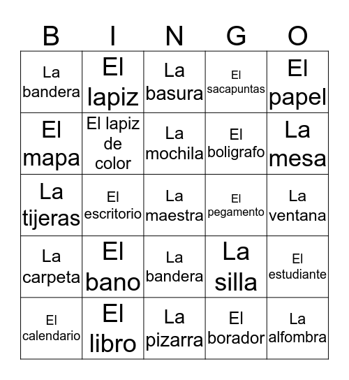 Classroom Objects in Spanish  Bingo Card