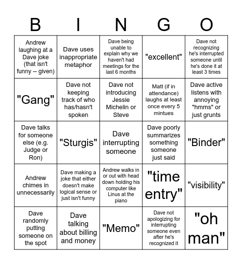 White Collar Meeting Bingo Card