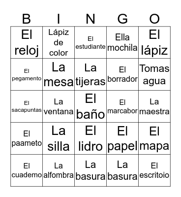 Classroom Objects in Spanish  Bingo Card