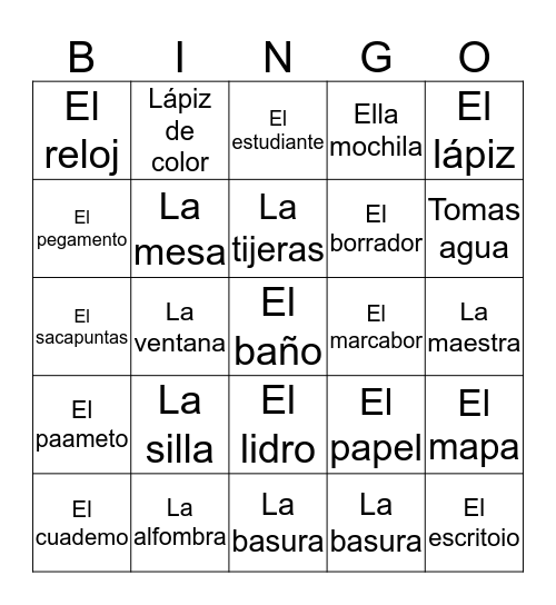Classroom Objects in Spanish  Bingo Card