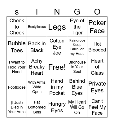Anatomy Songs Bingo Card