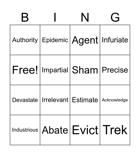 Lesson 1 Vocabulary Bingo Card